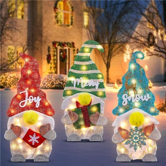 23.6 Inch Pre Lit Collapsible 2D Gnomes with Incandescent Lights (Gnome,3 Pack) - Picture 1 of 6